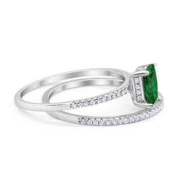 Art Deco Two Piece Wedding Radiant Simulated Emerald CZ Ring 925 Sterling Silver